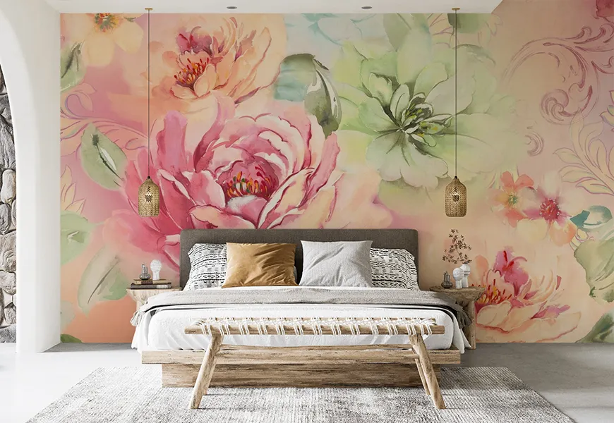 کاغذ دیواری سه بعدی اتاق خواب عروس و داماد طرح گل رز